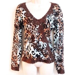 Cache animal print beaded lace long sleeve v neck sweater s…
